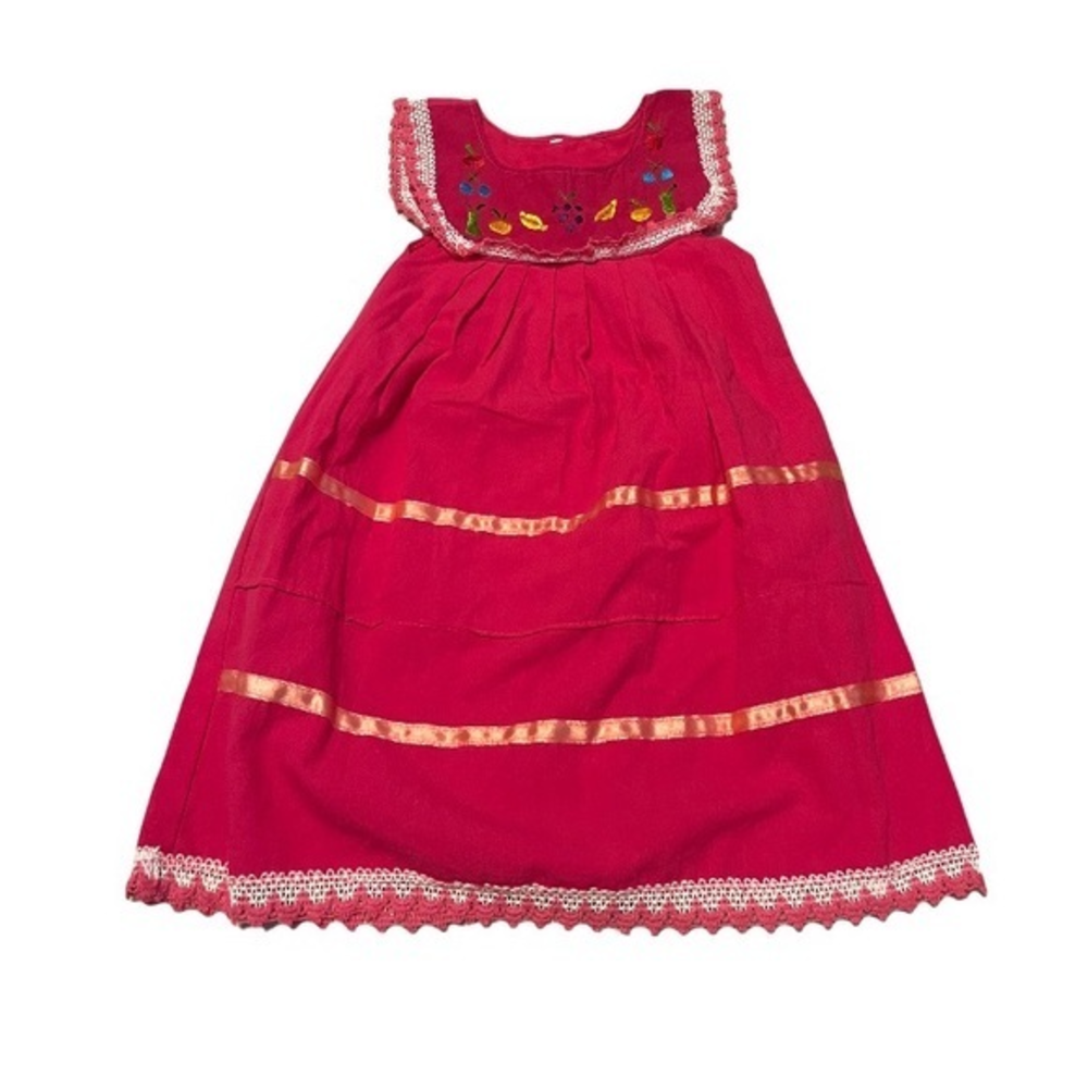 Handmade 4T pink embroidered floral A line traditional dress made in Mexico‎
